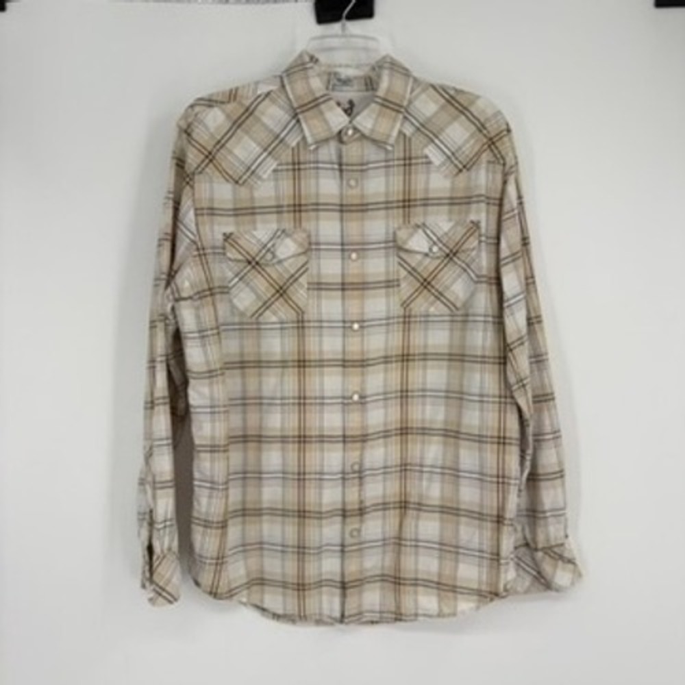 Bullhead Western Style Large Tan‎ Plaid Long Sleeve Pearl Snap Shirt Skeleton L